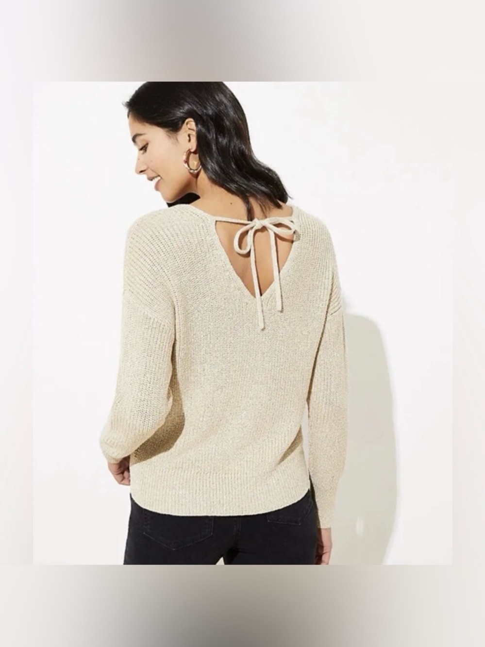 LOFT Gold Shimmer Double V-Neck Tie Back‎ Sweater Relaxed Cozy Preppy Classic